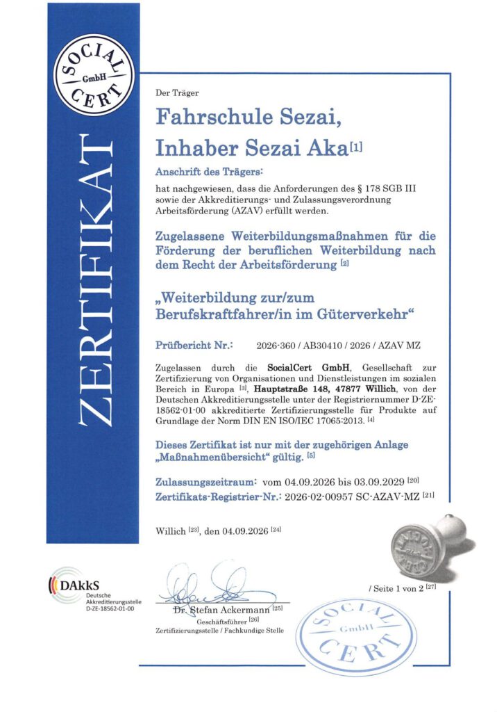 AZAV-Maßnahmenzertifikat „Weiterbildung zum Berufskraftfahrer im Güterverkehr“ der Fahrschule Sezai