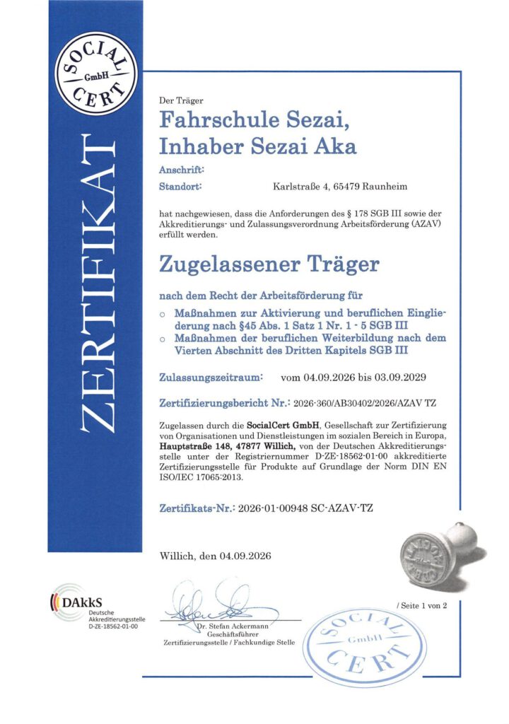AZAV-Trägerzertifikat der Fahrschule Sezai